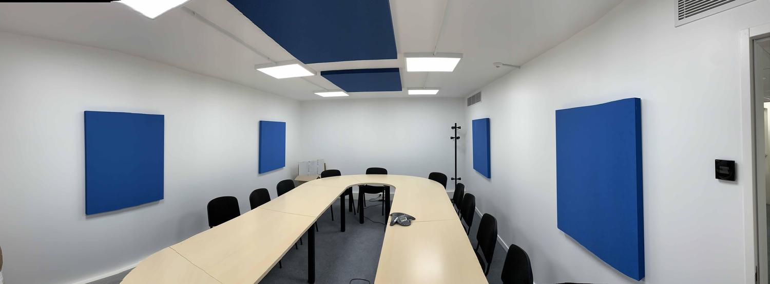Salle équipée d'un faux plafond acoustique et de panneaux muraux absorbants.